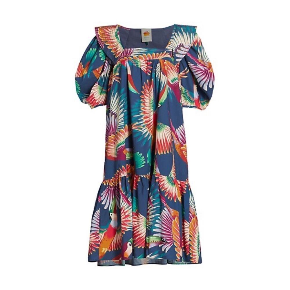 FARM RIO Toucans Square Neck Puff Sleeve Floral Bird Midi Cotton Dress